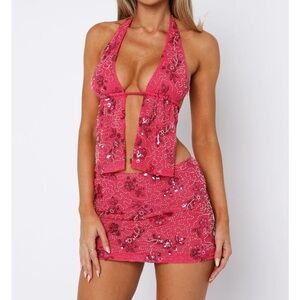 White Fox Boutique Pink beaded Halter top & skirt 2 piece